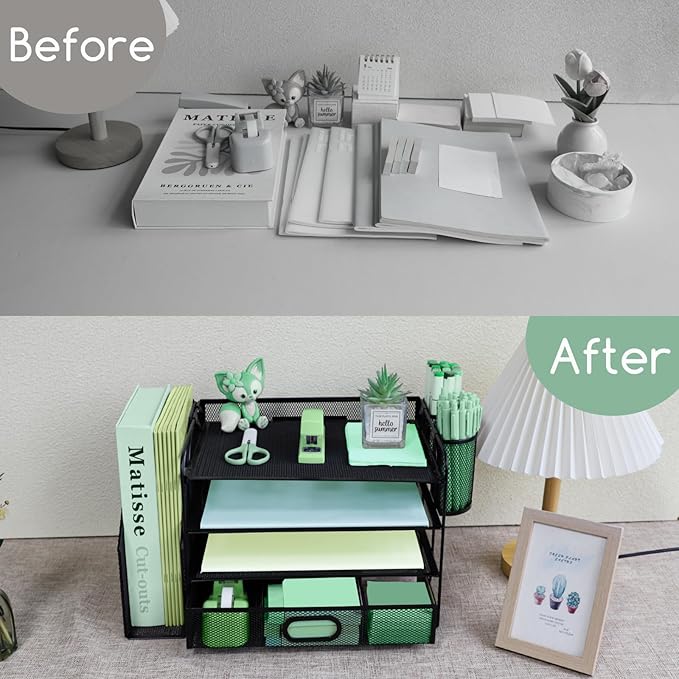 4 Tier Desk File Organiser with Extra Vertical File Sorter, Paper Letter Tray with Top Stationery Drawer Holder, A4 Paper Desktop Filing Trays, Magazine Document Holder for Home Office, Black