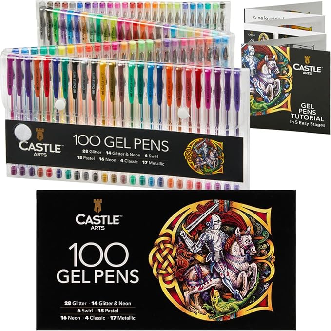 Castle Art Supplies 100 Gel Pens for Adult Coloring Set | Drawing, Scrapbooks, Journals | Amazing Colors, Effects – Swirl, Glitter, Neon, Pastel, Metallic - With Smooth, Fine Tips