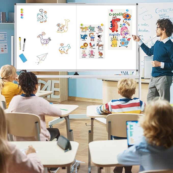 Double-Sided Rolling Whiteboard Dry Erase, 72" x 36" Large Mobile White Board with Stand, Giant Magnetic Dry Erase Board on Wheels for Office, Home & School