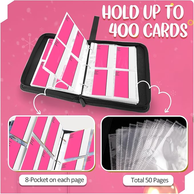 Card Binder 4 Pocket, Collectible Trading Card Albums Fits 400 Cards with 50 Removable Sleeves, Portable Trading Card Binder Collection Album Holder, Game Card Case book With Zipper for Gifts, Pink