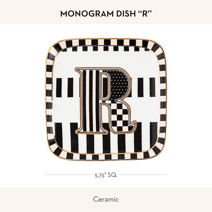 MACKENZIE-CHILDS Monogram Dish, Decorative Ceramic Letter Plate, 5 3/4" Square, R