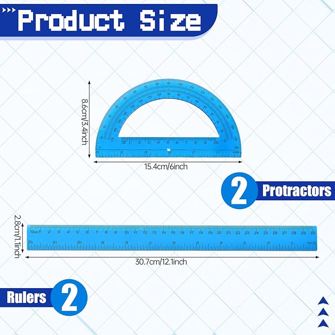 4 Pcs Ruler Protractor Set, Blue 12" Ruler and 6" Protractor 180 Degrees Angle Measurement Geometry Set with Inches Centimeters for Office School Classroom Home Drawing Supplies