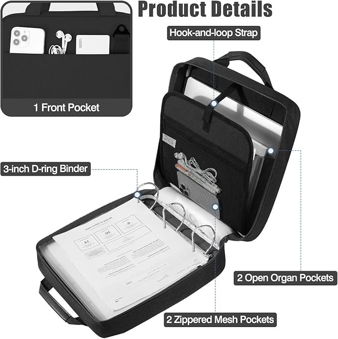 MoKo Zipper Binder, 3 Inch 3 Ring Binder with 700 Sheets Capacity & Shoulder Strap & Handle, Multi-Pocket Zipper Organizer for Middle School, Black