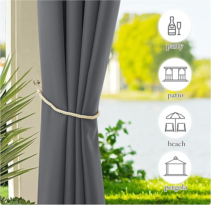 NICETOWN 2 Panels Patio Outdoor Curtains 108" Length, Thermal Insulated Tab Top Light Blocking Vertical Drapes Waterproof Indoor Outdoor Panels for Lawn & Garden, Dark Grey, W55 x L108