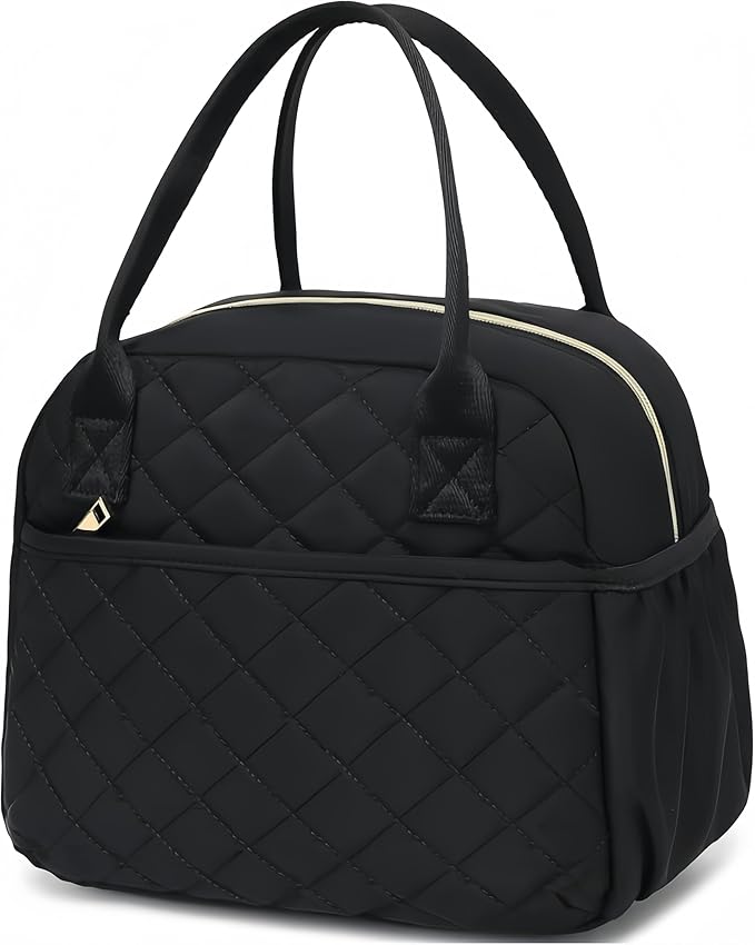 CAMTOP Lunch Box for Women Insulated Lunch Bag Lunchbox Cooler Thermal Leakproof Quilted Reusable Lunch Tote Bag for Work School Travel Picnic (Black)