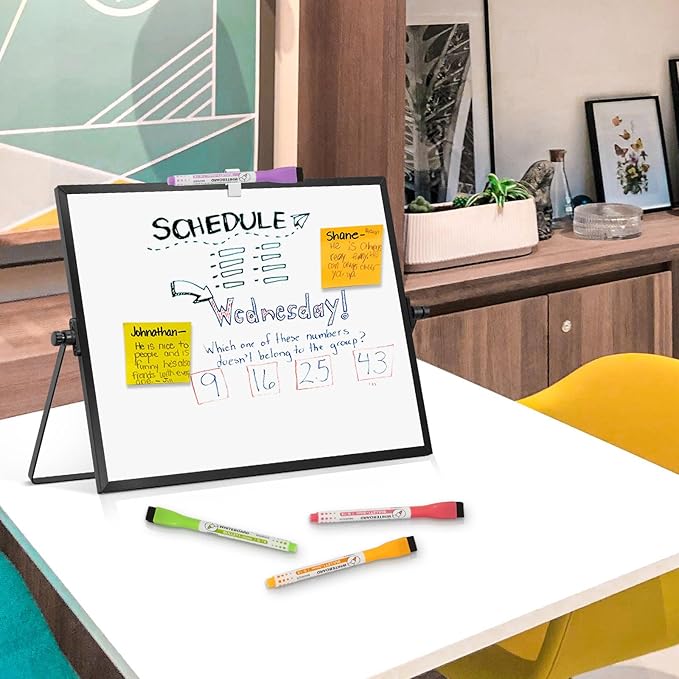 Dry Erase Magnetic White Board, 16" x 12" Black Framed Double-Sided Desktop Whiteboard with Stand, Portable Small Whiteboard Set for Drawing, Office, Home, School
