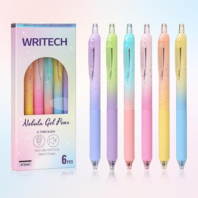 WRITECH Gel Pens Fine Point: Nebula Pen Set 0.7mm Black Ink Retractable 6ct Smooth Writing with Aesthetic Gradient Color Barrel for Journaling Note Taking Silent Click No Smear