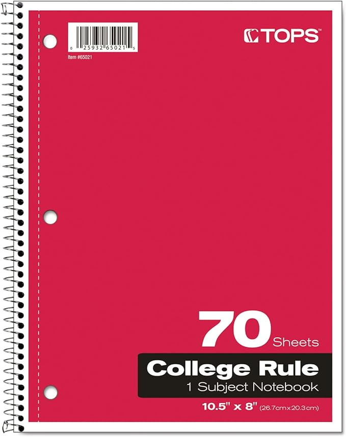 Oxford Spiral Notebook, 1-Subject, College Ruled Paper, 70 Sheets, Color May Vary, 1/Notebook (65021) (Pack of 1)