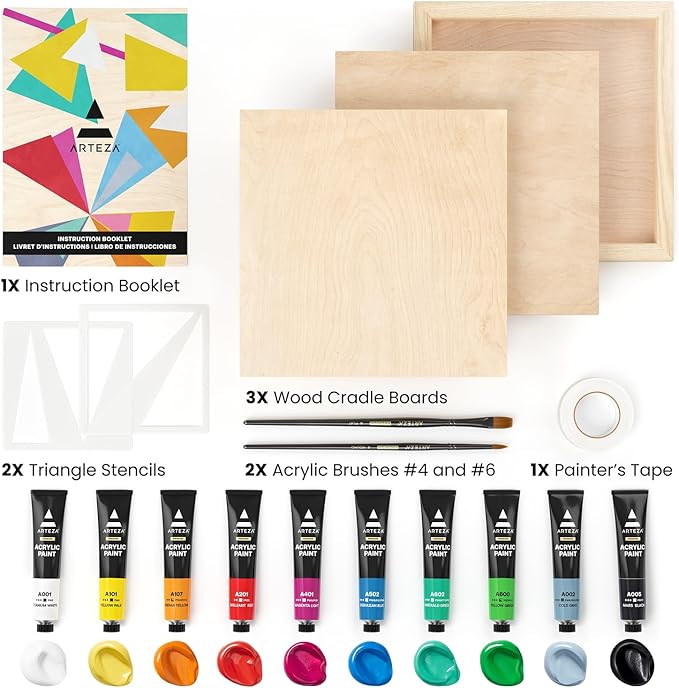 ARTEZA Wood Painting Set with Acrylic Paint, Foam Paint Brushes for Acrylic Painting, Stencils, Wood Canvas Cradle Art Boards & Painter's Tape, Experience Box for Home Decor, Painting & Drawing