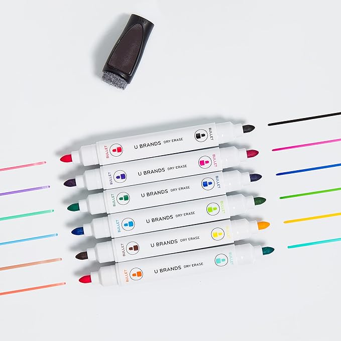 U Brands Fine Tip Dry Erase Markers with Eraser, Magnetic Double Ended Whiteboard Markers, Low Odor, Assorted Bright Colors, Set of 6