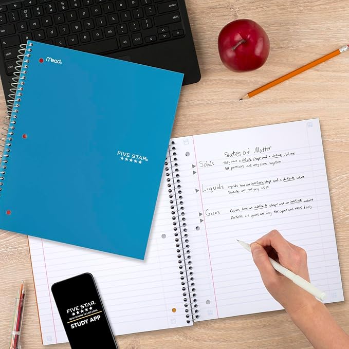 Five Star Spiral Notebook + Study App, 3 Subject, Wide Ruled Paper, 8" x 10-1/2", 150 Sheets, Fights Ink Bleed, Water Resistant Cover, Tidewater Blue (73184)