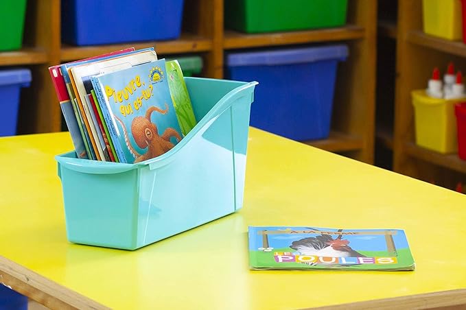 Storex Large Book Bin, Interlocking Plastic Organizer for Home, Office and Classroom, Purple, 6-Pack (71103U06C)