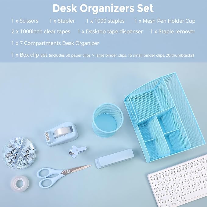 SKYDUE Blue Office Supplies Set, Office Desk Accessories, Mesh Desk Organizer, Stapler, Tape Dispenser, Scissors, Binder/Paper Clips and 1000pcs Staples, Office Supplies for Teacher