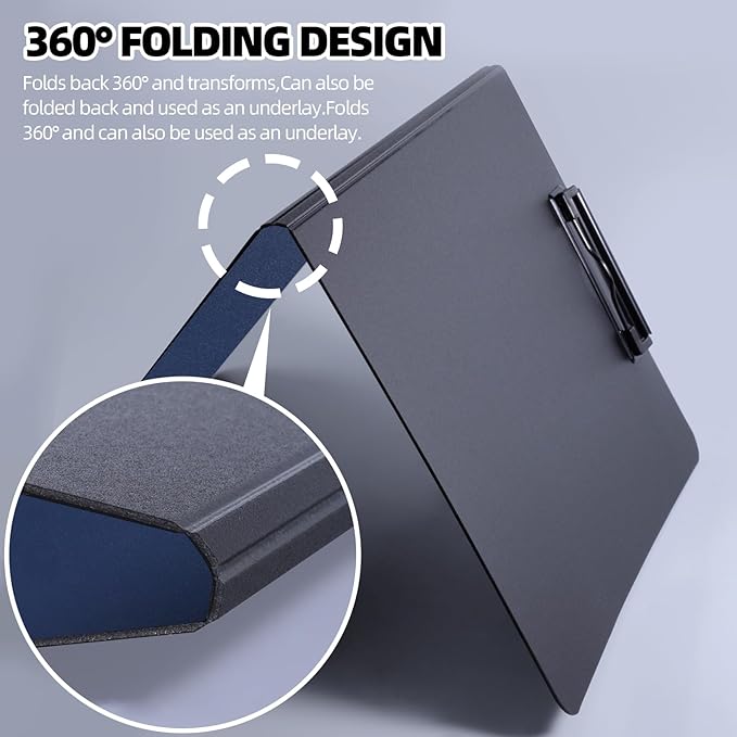 Clipboard Folder, 2 Pcs A4 Foldable Clipboard with Horizontal and Vertical Double Metal Clips, 360 Degree Foldable Binder Clipboards with Pen Holder, File Cover Work Folder Clipboards, Blue