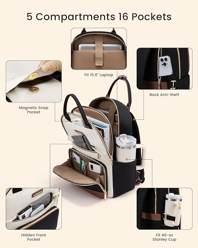 LOVEVOOK Laptop Backpack for Women with Giant Tumbler Holder Pocket, 15.6 inch Travel Work Backpack Purse for Teacher Nurse, Waterproof College Book Bag Cute Casual Daypack, Black