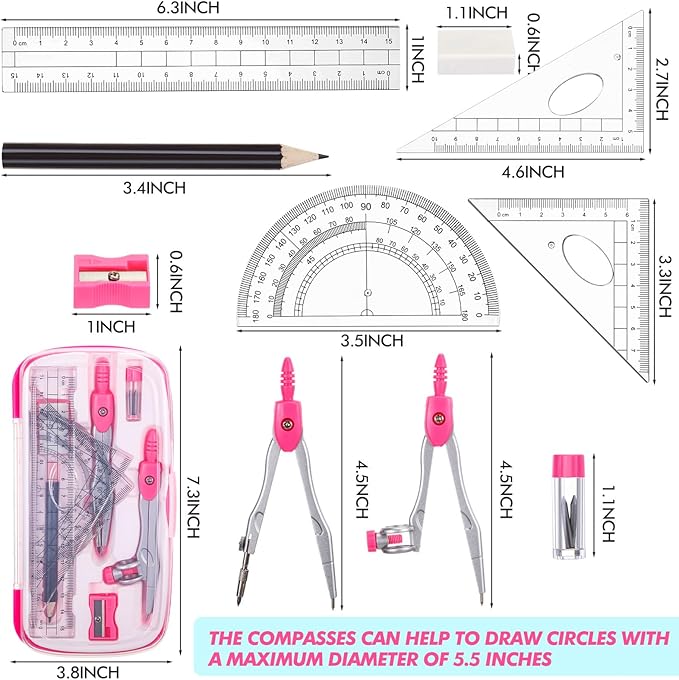 Zonon 36 Sets Math Geometry Kit Student 10 Pcs Shatterproof Storage Box Includes Compass, Rulers, Protractor, Eraser, Pencil Sharpener, Lead Refills, Pencil for Back to School Students Class Teacher