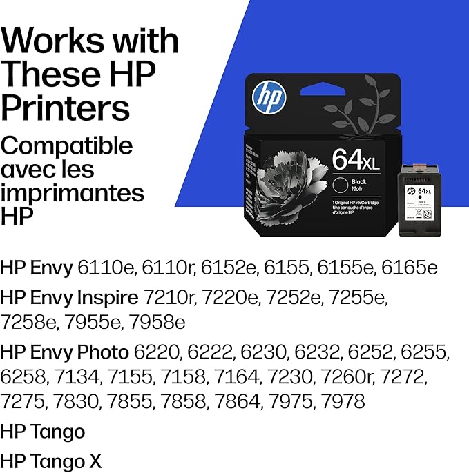HP 64XL Black High-Yield Ink Cartridge | Works with Envy Inspire 7250e, 7950e; Envy Photo 6200, 7100, 7200, 7800, 7900; Tango Series | Eligible for Instant Ink | N9J92AN