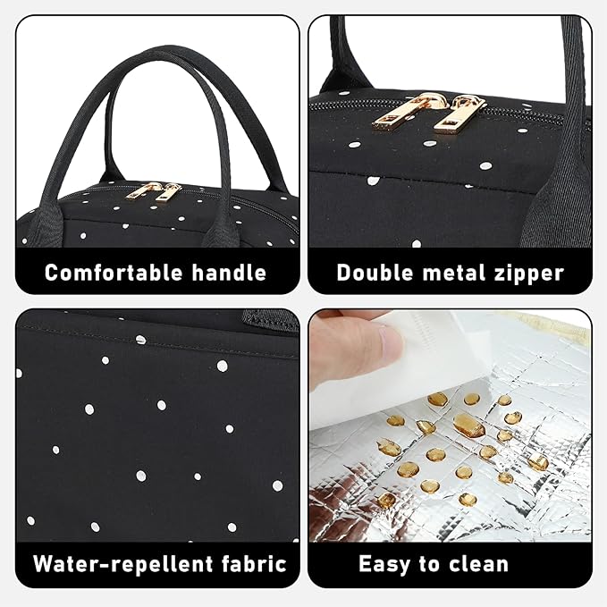 CAMTOP Lunch Box for Women Insulated Lunch Bag Lunchbox Cooler Thermal Leakproof Quilted Reusable Lunch Tote Bag for Work School Travel Picnic (Black White Dots)