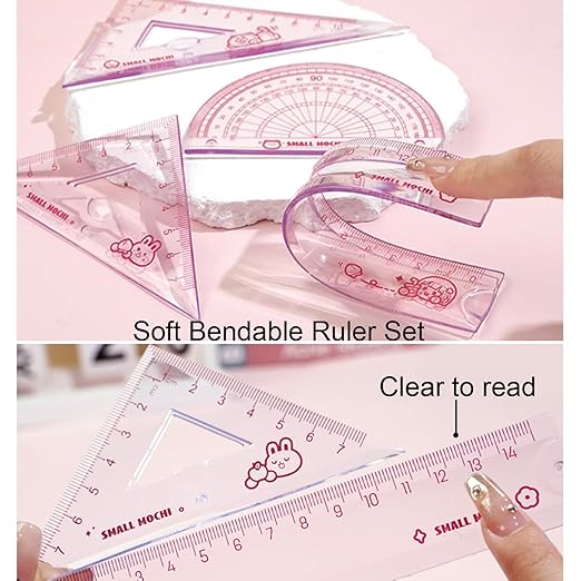 4 Pieces Pink Flexible Rulers Set 15cm Soft PVC Bendable Rulers Shatterproof Straight Ruler Triangle Ruler Straight Edge Protractor Math Geometry Tool Office School Supplies (Pink)