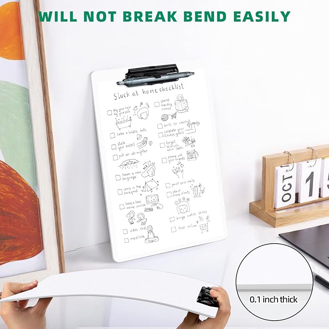 Clipboard with Pen Holder, Plastic Clipboard with Low Profile Metal Clip, Hanging Clip Boards Holds 8.5x11 Inch Papers, Standard A4 Letter Size Clip Boards for Offices & School, White