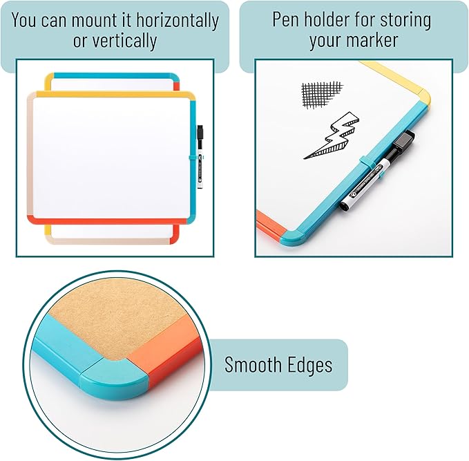 Mr. Pen- Dry Erase Board, 14” x 11” with a Black Dry Erase Marker, Colorful Frame, Small White Board, White Board for Kids