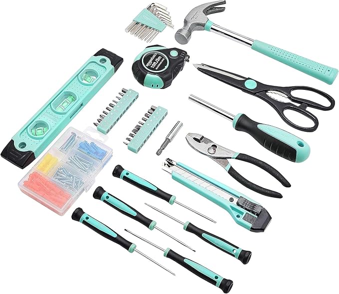 Amazon Basics 142-Piece Household Tool Kit for Home Repair,Hand Tools with Storage Case,13.39 x 9.25 x 2.95 inch,Turquoise,(Pack of 4)