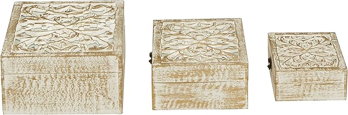Deco 79 Mango Wood Floral Handmade Decorative Box Decorative Keepsake Boxes with Hinged Lid, Set of 3 Storage Boxes 8", 10", 12"W, White