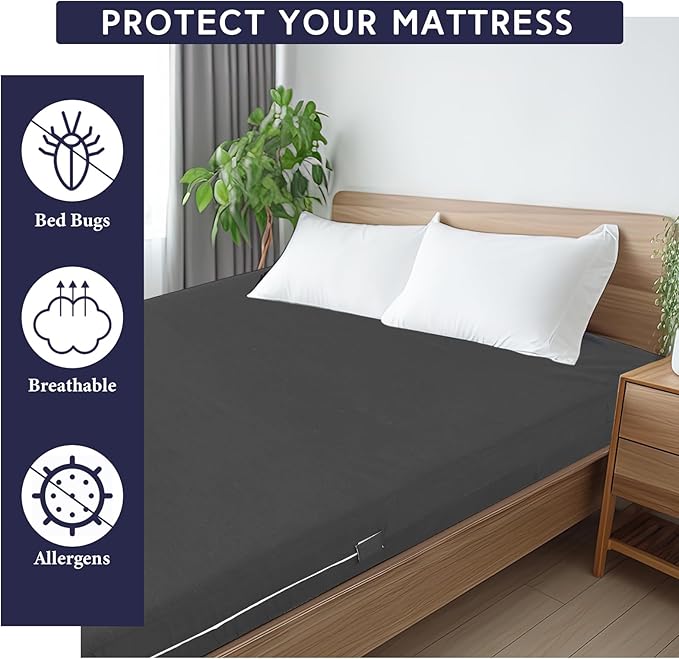 Zippered Mattress Fitted Protector Deep Mattress Encasement Soft Zipper Fitted Sheet Microfiber Bed Sheet Cover for Bed(Dark Gray,King,12-16in)