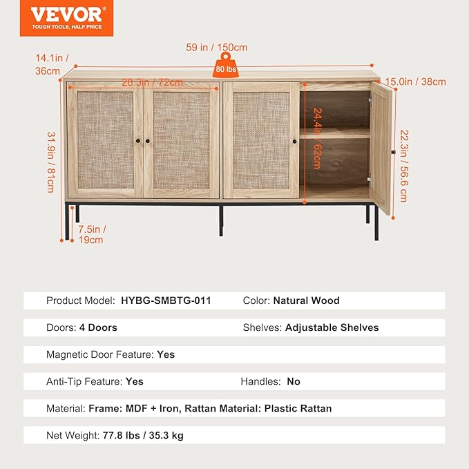 VEVOR Rattan Storage Cabinet with 4 Magnetic Doors and Adjustable Shelves, Sideboard Buffet for Hallway, Entryway, Living Room, or Kitchen, Natural