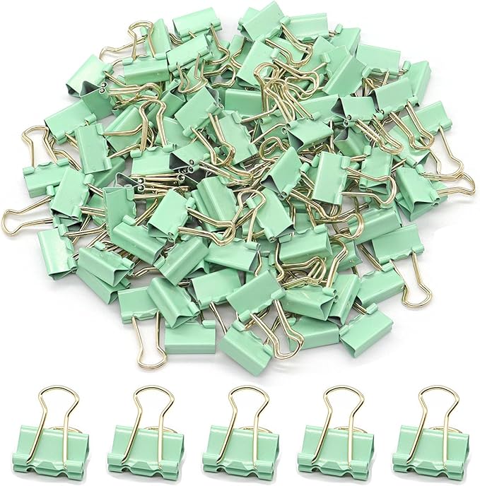 Light Green Binder Clips, Mini Paper Clip, Small Paper Clamps 15mm (5/8 inch), 100 Pack Micro Size Office Clips for Home School and Business (Light Green)