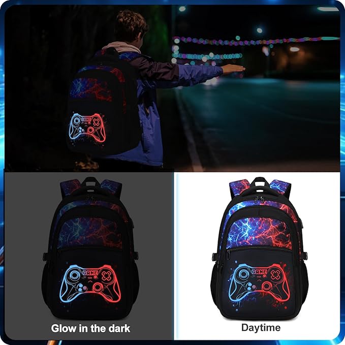 Boys Backpack for School, 3PCS Cool Luminous Gamer Backpack for Boys with Lunch Box Pencil Case, Kids Backpacks Bookbag for Teen Boy Elementary Middle High School with USB Charging Port