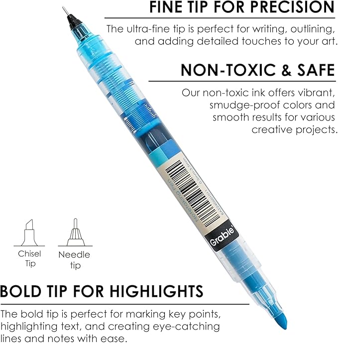 Grabie Dual Tip Notetaking Pens (3.5mm Chisel + 0.5mm Needle), Dual Tip Highlighter Markers for Journaling, Colored Pens for Note Taking and Adult Coloring Books (Vivid Splash)