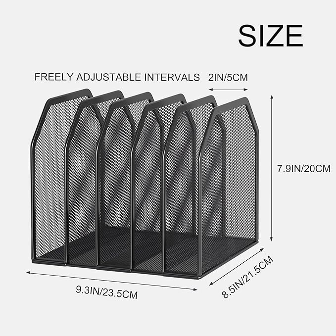 5 Vertical Desk Mail Organizer, Metal Mesh Desktop File Organizer with 5 Vertical Slot - Black, Letter Organizer Rack for Letters, Postcards, Stationery