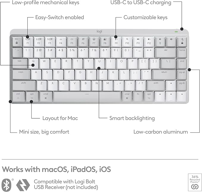 Logitech MX Mechanical Mini for Mac Wireless Illuminated Keyboard, Low-Profile Performance Switches, Tactile Quiet Keys, Backlit, Bluetooth, USB-C, Apple, iPad - Pale Grey