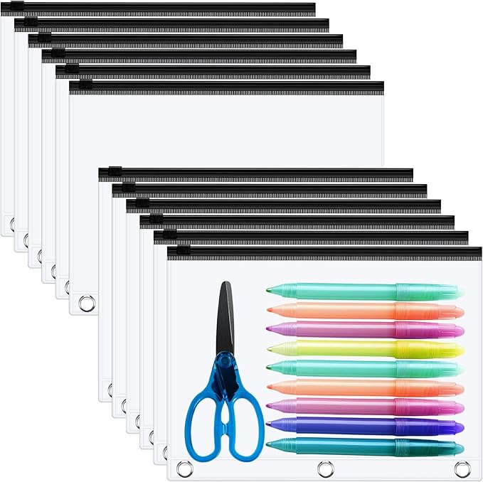 Lincia 24 Pack Clear Pencil Pouch for 3 Ring Binder Pencil Case with Zipper 3 Ring Binder Pocket Insert Bag 10 x 7'' Visible Cash Envelope with Re-enforced Grommet for Office (Black,Clear)