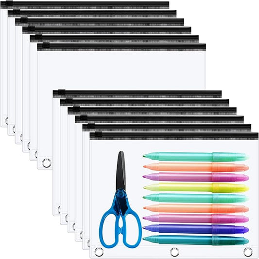 Lincia 24 Pack Clear Pencil Pouch for 3 Ring Binder Pencil Case with Zipper 3 Ring Binder Pocket Insert Bag 10 x 7'' Visible Cash Envelope with Re-enforced Grommet for Office (Black,Clear)