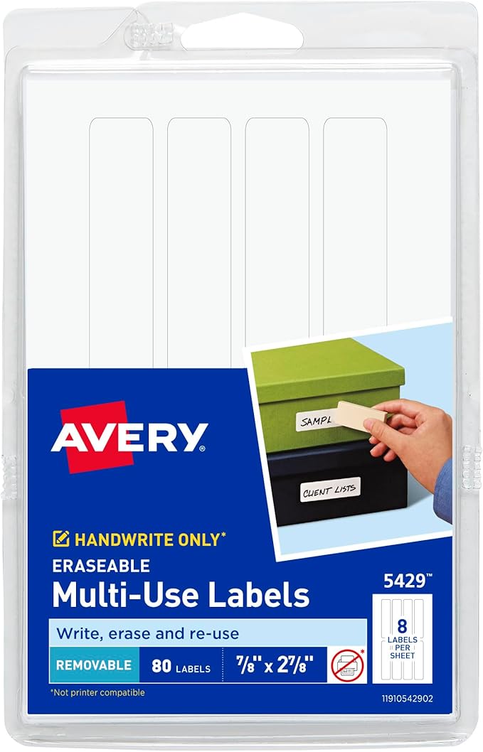 Avery Erasable Multi-Use Removable Labels, 7/8" x 2-7/8", White, Non-Printable, 80 Blank Labels Total (5429)