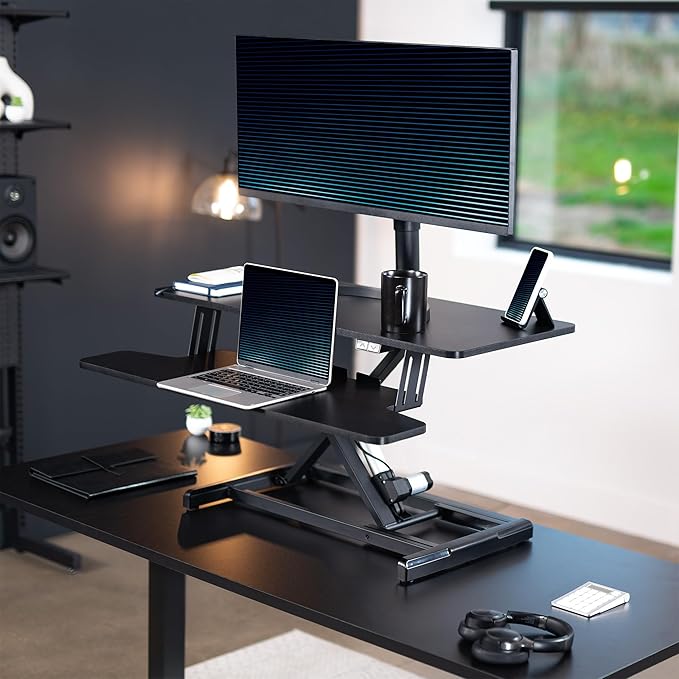 VIVO 36 inch Electric Motor Desk Converter, Height Adjustable Riser, Sit to Stand Dual Monitor and Laptop Workstation with Wide Keyboard Tray, Black, DESK-VE36B