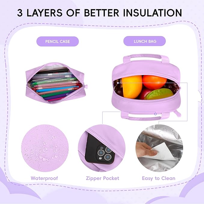Girls Backpack with Lunch Box 3Pcs, Kawaii School Bag Set for Kid Elementary Middle School, Multi-Pocket Cute Laptop Bookbag Lightweight, Purple