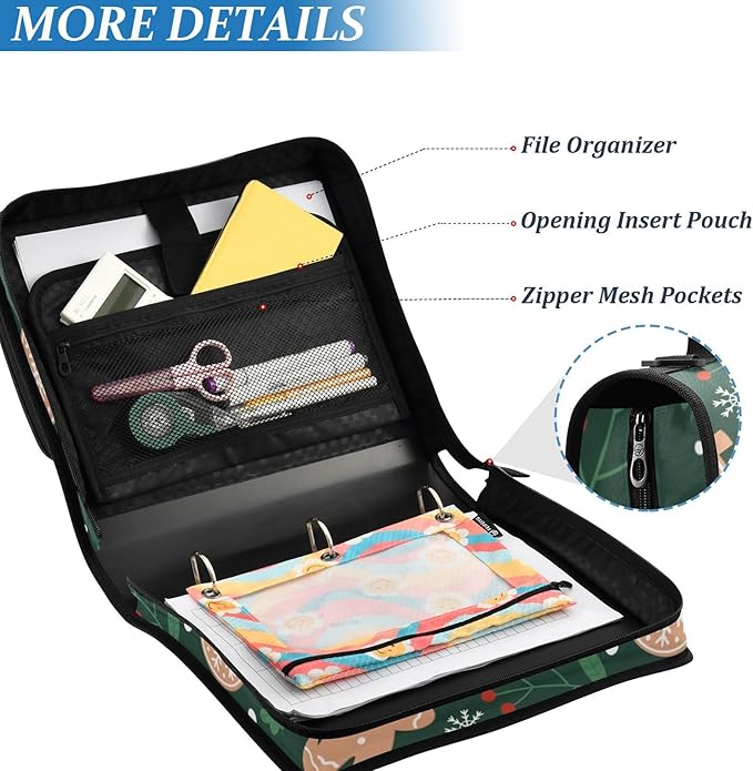 3 Ring Zipper Binder with Shoulder Strap Christmas Gingerbread Snowflakes 1.5 inch Binders Keeper Large Capacity Multi Pockets for School Office Supplies