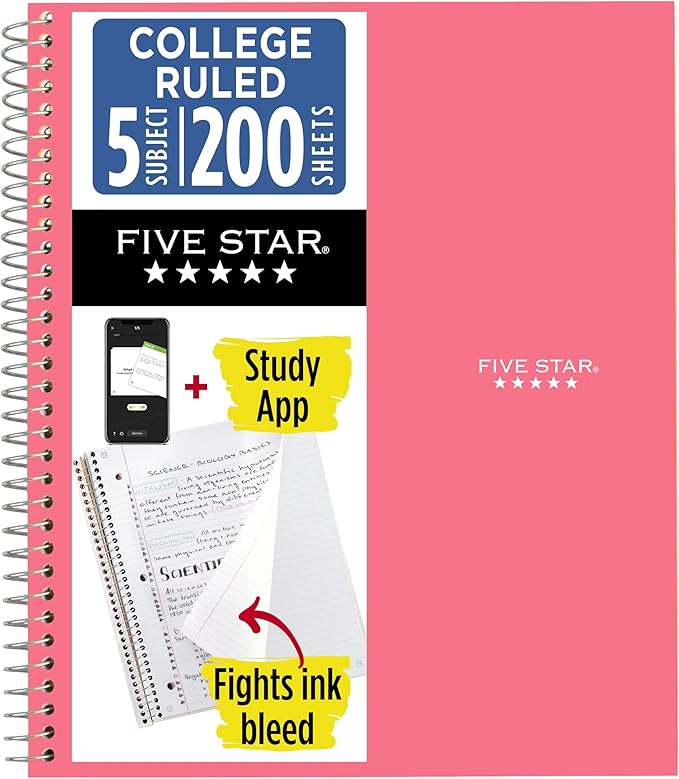 Five Star Spiral Notebook + Study App, 5 Subject, College Ruled Paper, 8-1/2" x 11", 200 Sheets, Fights Ink Bleed, Water Resistant Cover, Prom Pink (820004R)