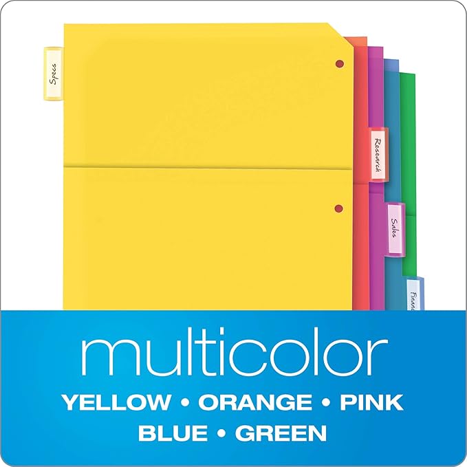 Oxford Plastic 2 Pocket Binder Dividers, 5 Tab 1/5 Cut, Multicolor Large Tab Set, Insertable Dividers with Paper Inserts, Letter Size, 3 Sets (89602)