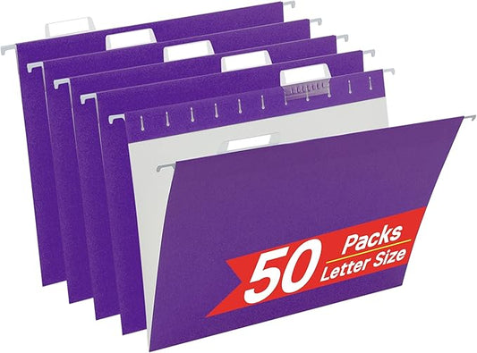 Purple Hanging File Folders,50 Packs Letter Size File Folder,Designed for Bulky Files,Filing Cabinet,1/5 Adjustable Tabs for Office,School,Home