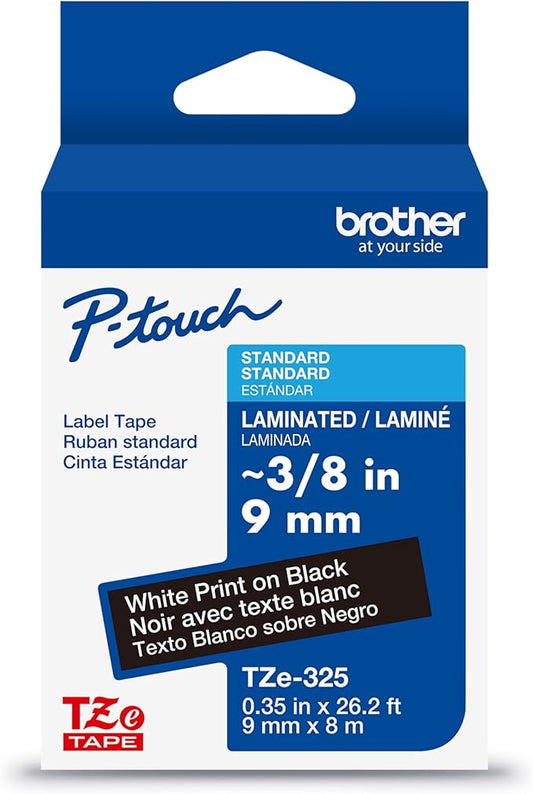 Brother Genuine P-Touch TZe White Print on Black Label Tape (TZe325), Laminated,3/8in x 26.2ft (9mm x 8m), for Select P-Touch Label Makers, Durable, Water-Resistant, Indoor/Outdoor Use