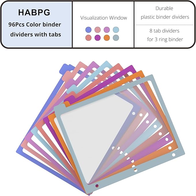 Binder Dividers with Tabs,8 Tab Dividers for 3 Ring Binder, Multi-Colored Page Binder Dividers Letter Size Plastic File Folder Pastel Color for Notebook School, 3 Hole Punch, 12 Set 96 Pcs