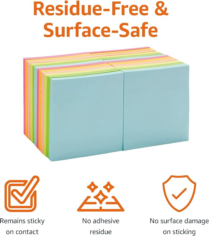 Amazon Basics Square Sticky Notes for Organizing, Reminders, To Do Lists, Clean Removal, 3"x3", 24-Pack, Assorted Colors