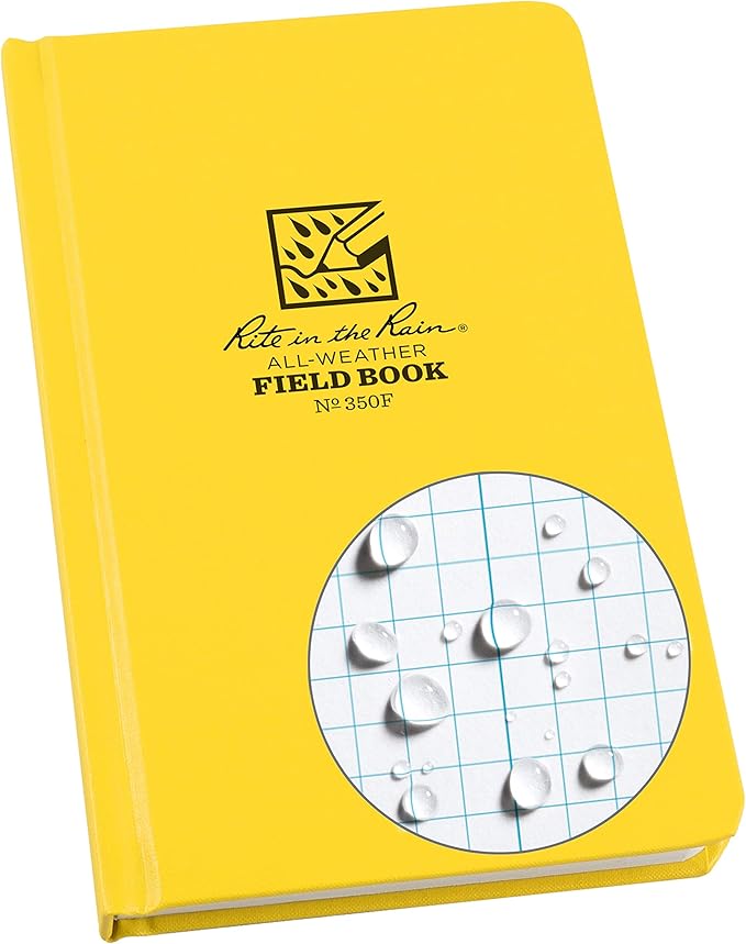Rite in the Rain Weatherproof Hard Cover Notebook, 4 3/4" x 7 1/2", Yellow Cover, Field Pattern (No. 350F), 7.5 x 4.75 x 0.625