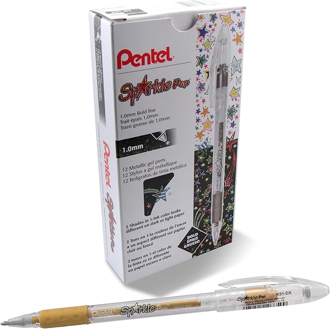 Pentel Sparkle Pop Metallic Gel Pen, (1.0mm) Bold Line, Gold, Box of 12 Pens (K91-DX)