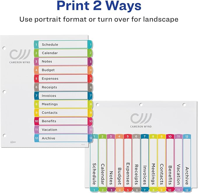 Avery Dividers for 3 Ring Binders, 12 Tabs per Set, Customizable Table of Contents, Multicolor Arched Tabs, Great for Organizing Reports, Projects, and More (11843)