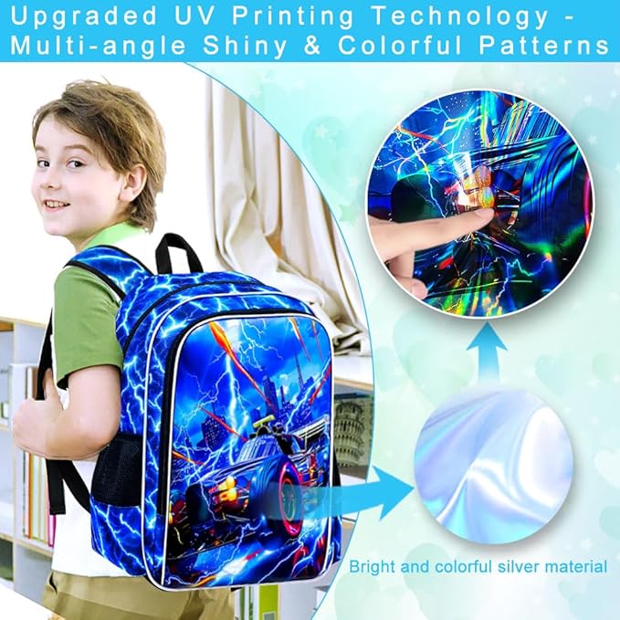 KLFVB 3PCS Lightning Backpack for Boys, 17" Race Car Bookbag and Lunch Box, Water Resistant Teenagers School Backpacks for Middle Elementary - Lightning Speed Car